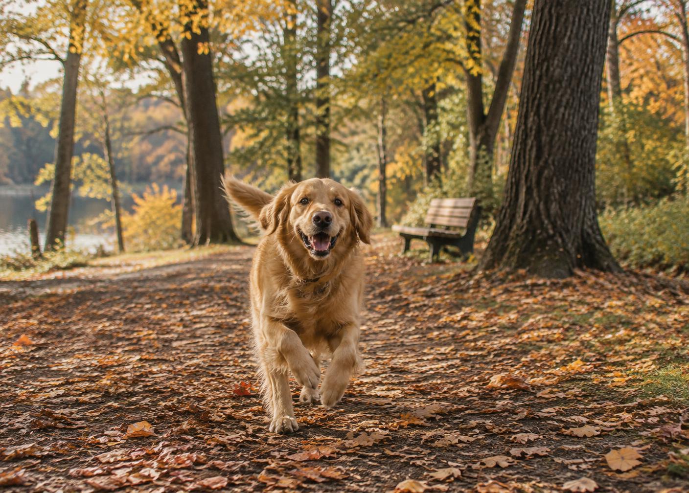 A golden retriever trotting along a leafy autumn park path